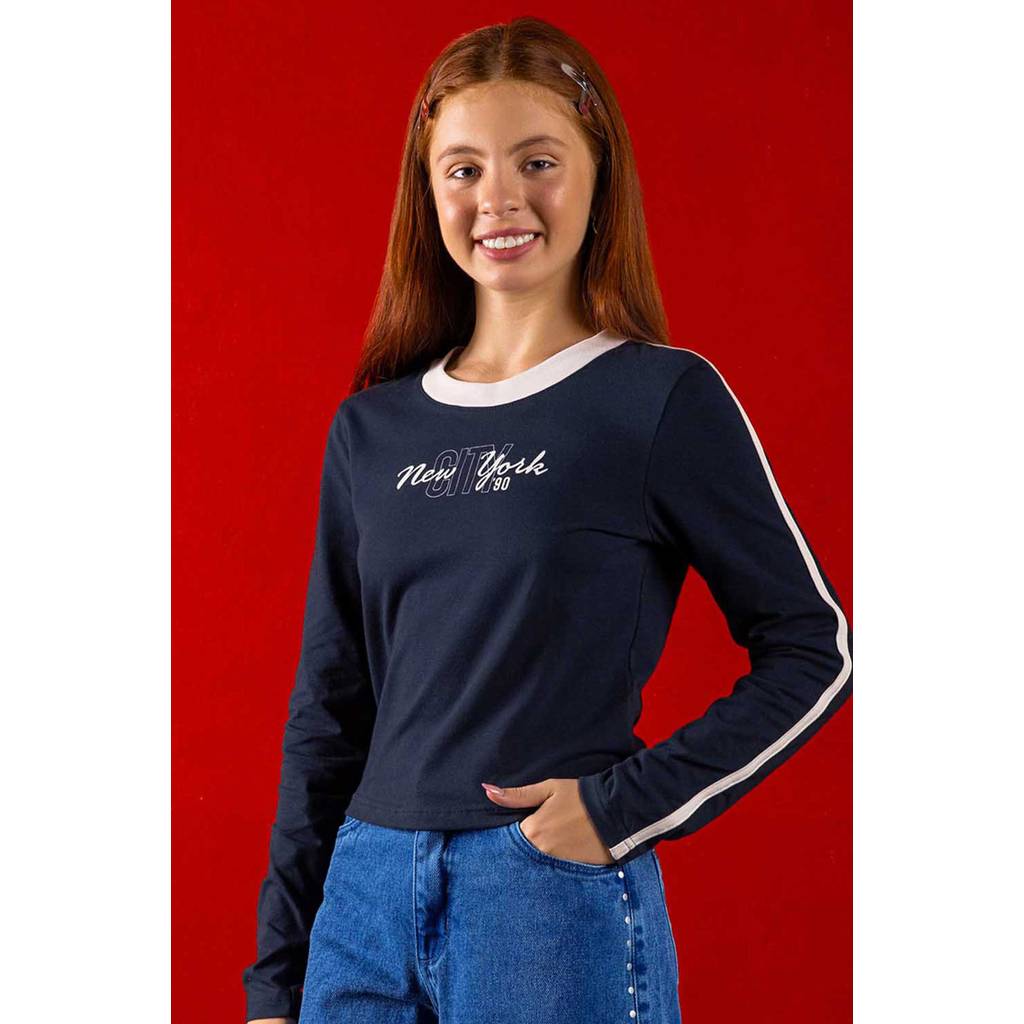 Blusa Juvenil Menina Manga Longa Contraste Beats Azul