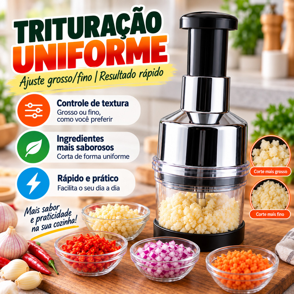 Triturador Processador Manual com 3 Lâminas em Aço Inox Multiuso para Alho Cebola e Legumes Casa Alho Triturador