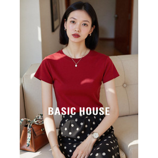 Casa básica/casa básica boa elegante em torno do pescoço ombro manga curta camiseta feminina verão moda impressa camiset