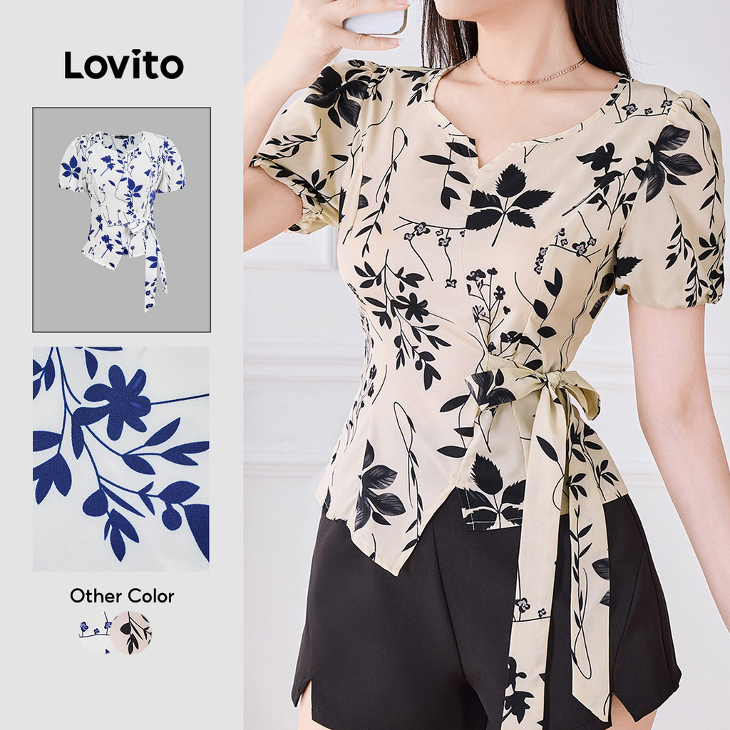 Lovito Elegante Blusa de Renda com Cadarço Primavera/verão Blusa de Damasco para mulheres Bordado L138AD1402
