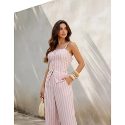 Conjunto social De Linho Listrada Calça Pantalona Colete elegante sofisticado