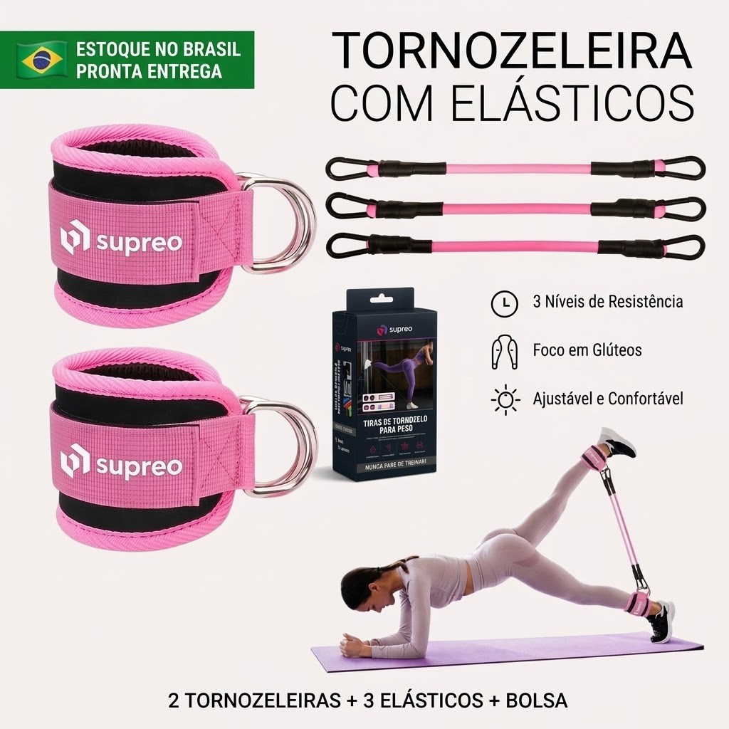 Kit Par Tornozeleira com 3 Faixas de Resistência Glúteos Pernas Academia Treino em Casa Polia Baixa Crossover