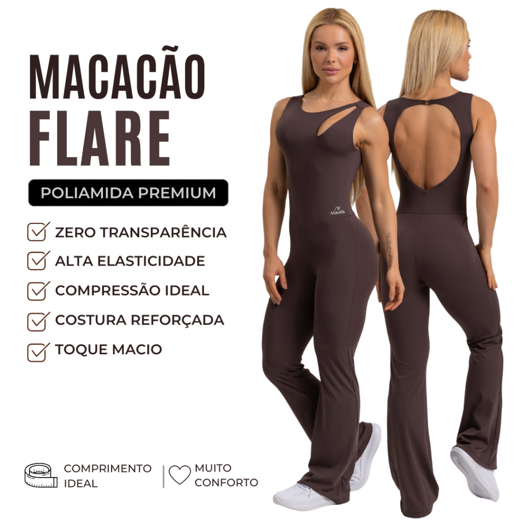 Macacão Flare Gota Fitness Feminino Zero Transparência Compressão Sustentação Poliamida conforto  treino academia casual