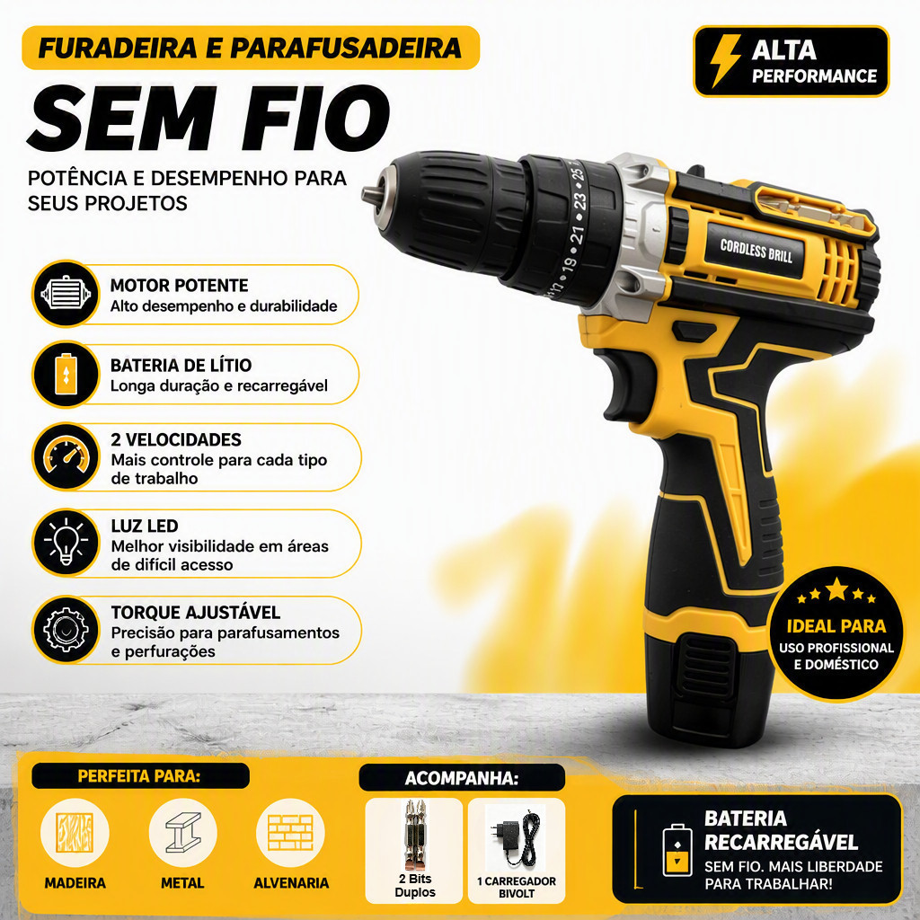 Parafusadeira Furadeira Sem Fio à Bateria Íon-Lítio 48V, 25 Velocidade Variável, Kit Com Carregador e Brocas