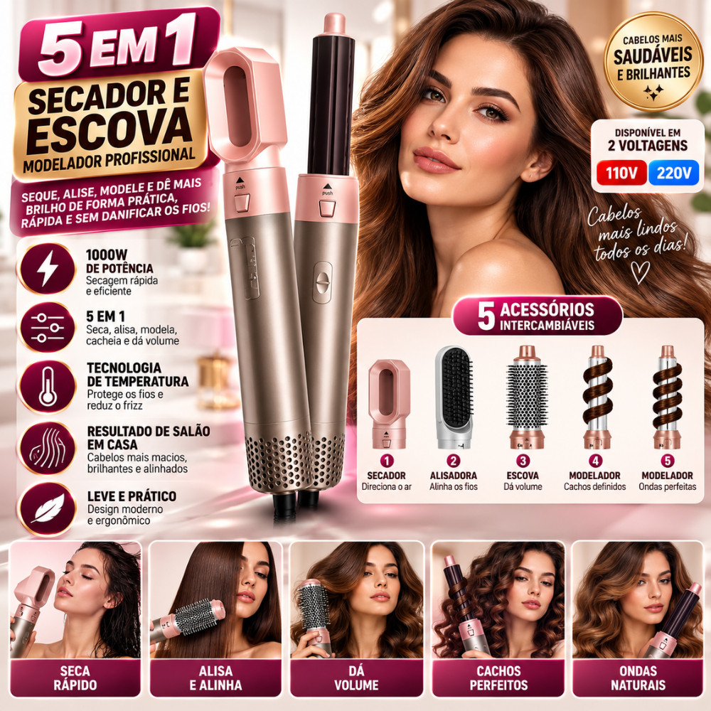 Escova Secadora 5 em 1 1000W Modelador de Cabelo Alisadora Cachos Ondas Volume com 5 Acessórios