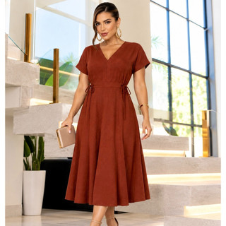 Vestido Midi Soltinho Modesto Tecido Dunas Verão Leve Confortável Elegante Casual Verão Ajuste Lateral Têndencia