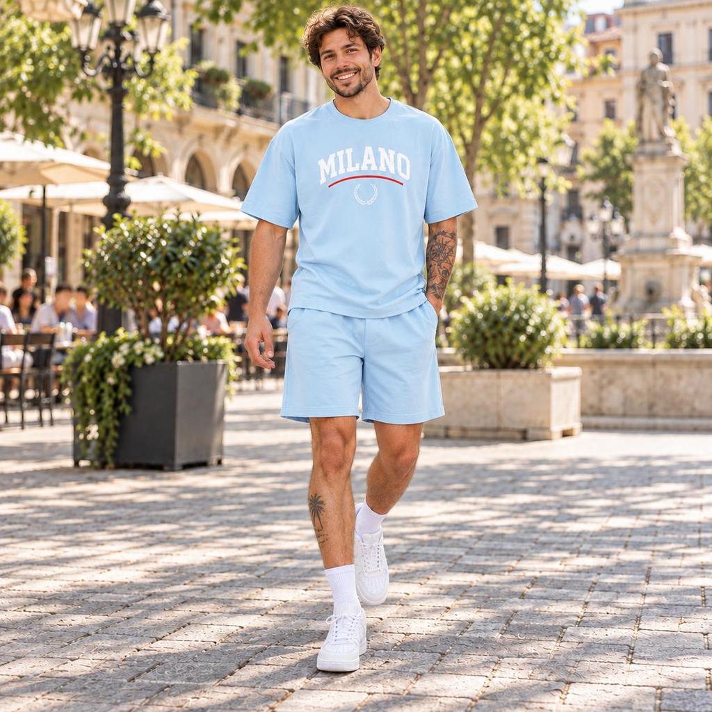 Conjunto Azul BB Camiseta 100% Algodão e Bermuda Oversized Moletinho Masculino ou Somente Camiseta Preta