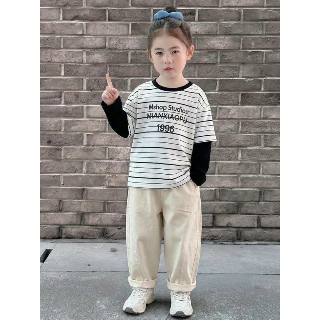 Meninas moletom roupas de outono 2026 novo estilo listrado cor combinando falso camiseta de duas peças crianças em torno