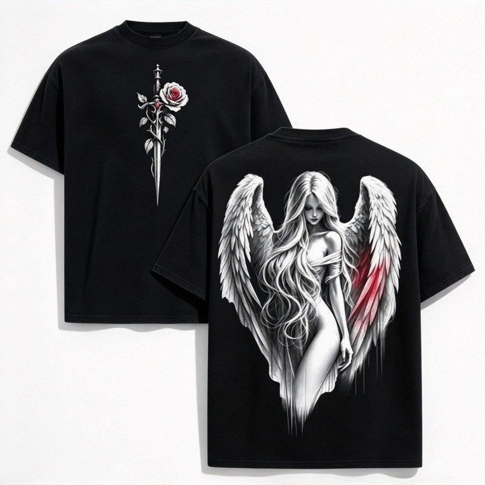 Camiseta Unissex Premium De Algodão Estilo Oversize Streetwear Cor Preta Estampa Anjo Alado Rosa E Espada Para Uso