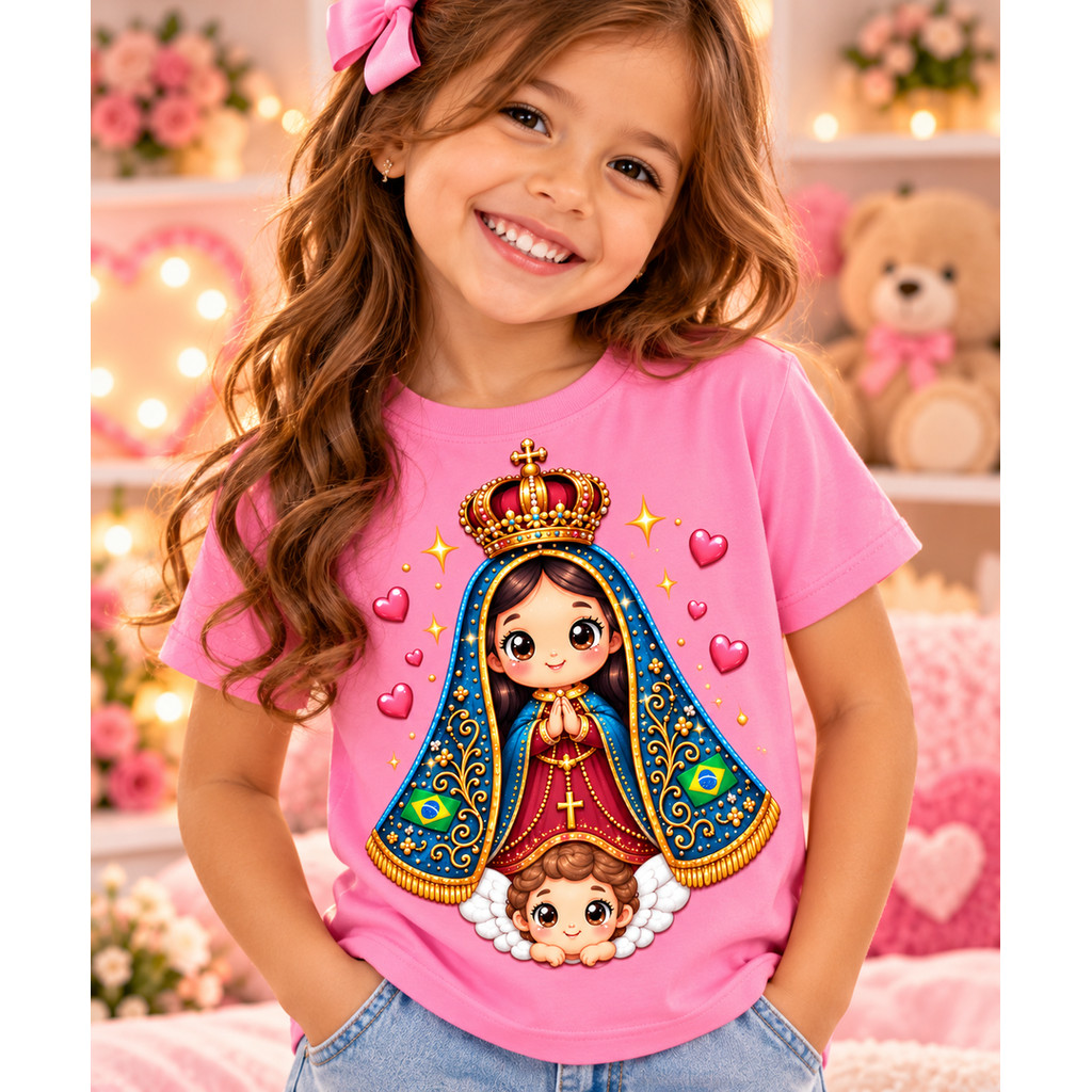 Camiseta Infantil Rainha Nossa Senhora Padroeira Do Brasil Camisa Blusa Proteção Unissex 100%Algodão