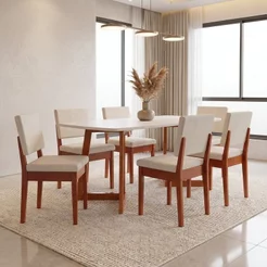 Conjunto Sala de Jantar Madeira Maciça 6 Lugares Tampo sem Vidro Cadeira Miami Boucle Caramelo/Off White