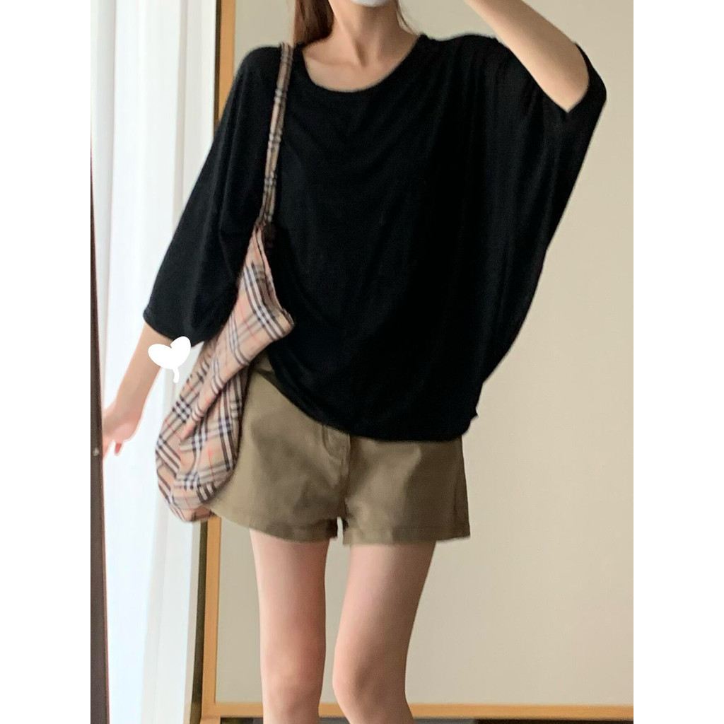 Preto Ultra-fino legal sentimento manga morcego camiseta feminina verão gordura mm tamanho grande solto estilo preguiços