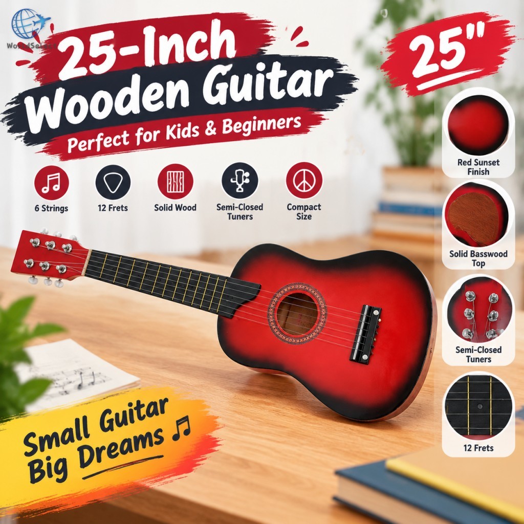 Guitarra Acústica De Madeira De 25 Polegadas E 6 Cordas Para Crianças Iniciantes , Instrumento Musical Superior De Bassw