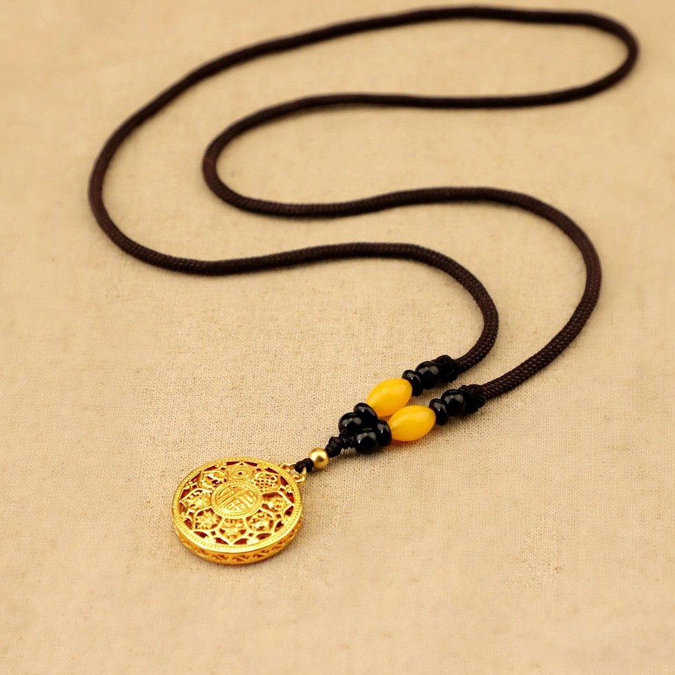 Antigo oito tesouros bússola colar de bronze oco banhado a ouro pingente masculino feminino All-Match estilo chinês cami