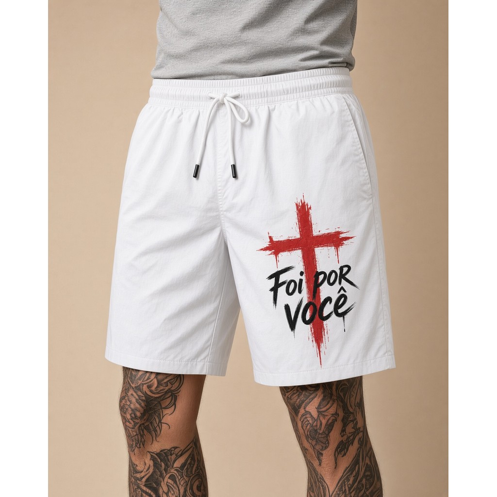 Short Moda Praia Masculino Bermuda Verão Tec Tell  Cruz foi Por Voce Cristão Academia Treino Corrida Musculacao Fit