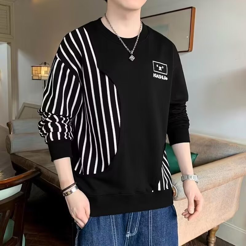 Camiseta de manga comprida masculina primavera outono topo puro algodão camisa de fundo interno moletom na moda solto ro