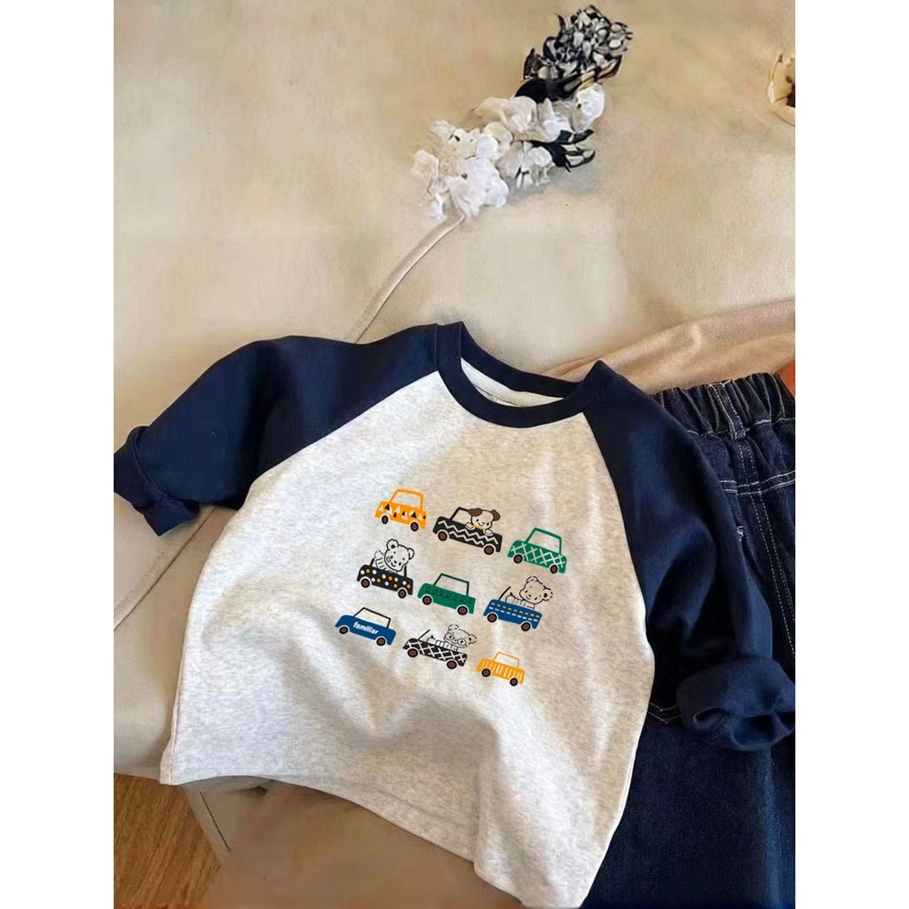Algodão puro meninos Raglan em torno do pescoço de manga comprida camiseta 2026 primavera outono médio pequeno crianças 