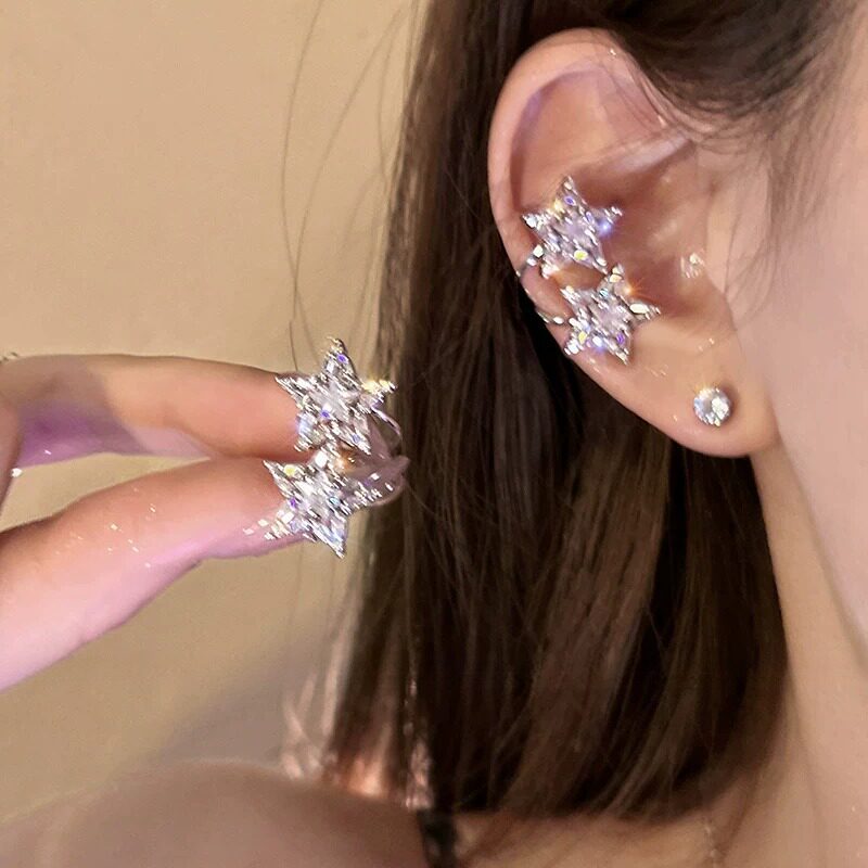 Piscando estrela dupla sem piercing clipe de orelha feminino High-End luz brincos de luxo único bonito temperamento orel
