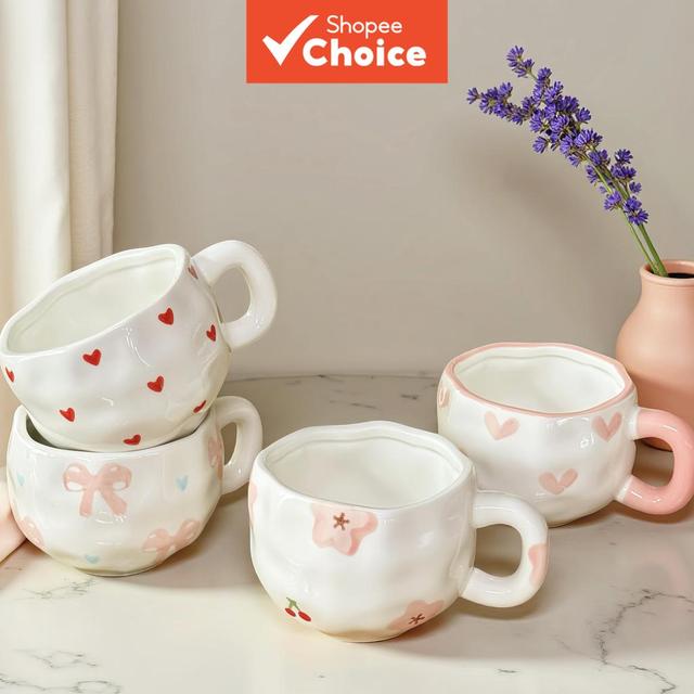 Conjunto De Caneca E Pires De Cerâmica Com Arco Pintado À Mão , Xícara De Chá De Café Fofa Para Escritório Doméstico