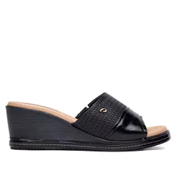 Tamanco Feminino Pegada Couro Anabela Texturizado Preto/Bege