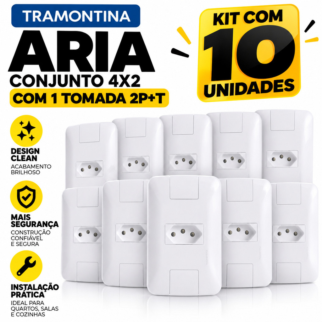 Kit 10 Conjuntos De Tomada Tramontina Aria 10A 4x2 Instalação Elétrica Reforma Construção