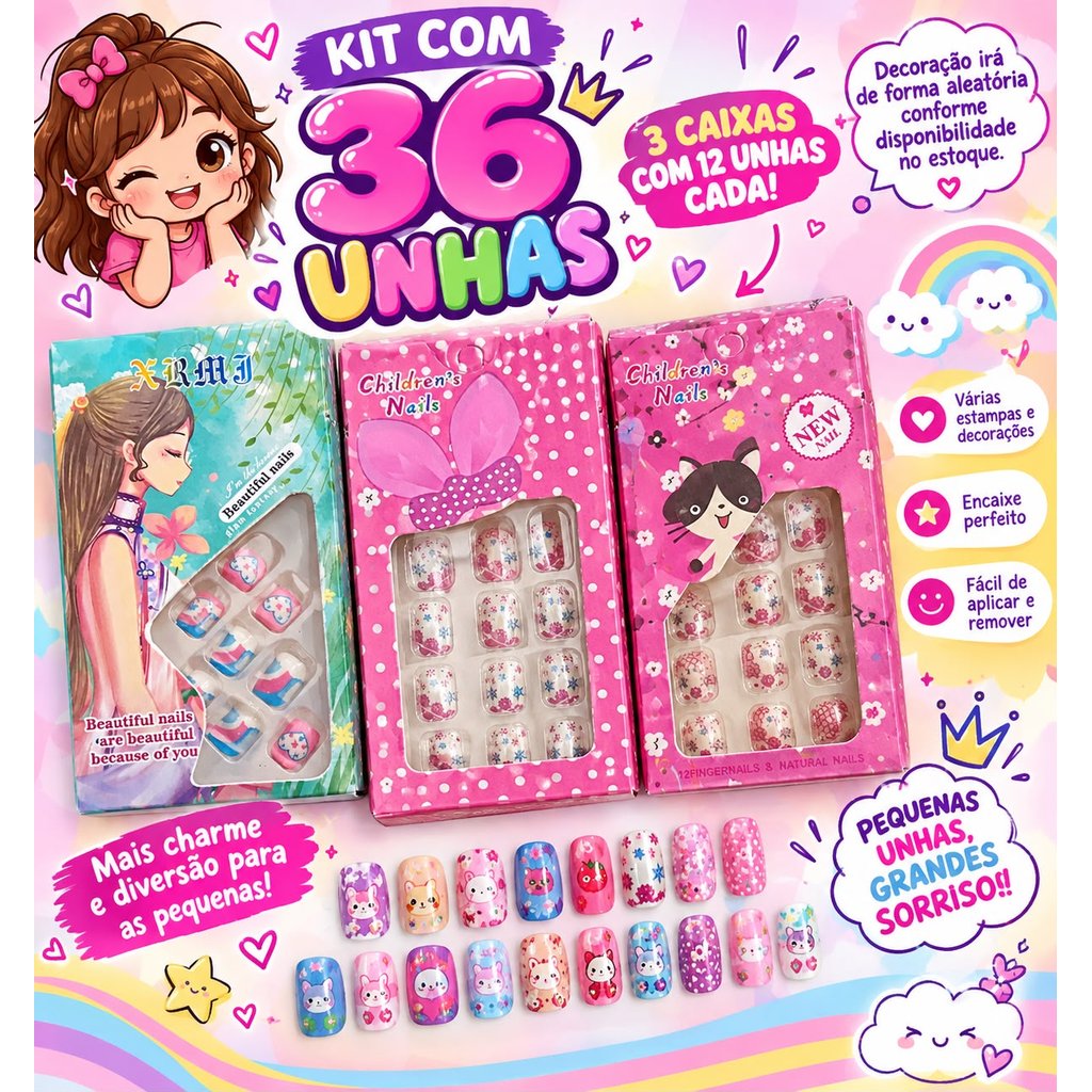 Kit 36 / 72 / 120Unhas Postiça Infantil 3 / 6 / 10Caixas （1caixa com 12 unhas）Cores Sortidas