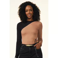 Blusa Feminina Manga Longa Bicolor Marialícia Marrom