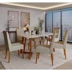 Conjunto Sala de Jantar Madeira Maciça com Vidro 6 Cadeiras Califórnia Marrom/Caramelo Caramelo