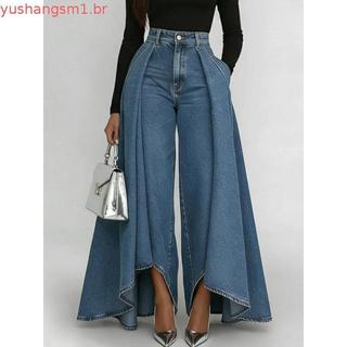 Comprimento Grande Cor Sólida Casual Imitação Jeans Estampado Botão Perna Reta Calças