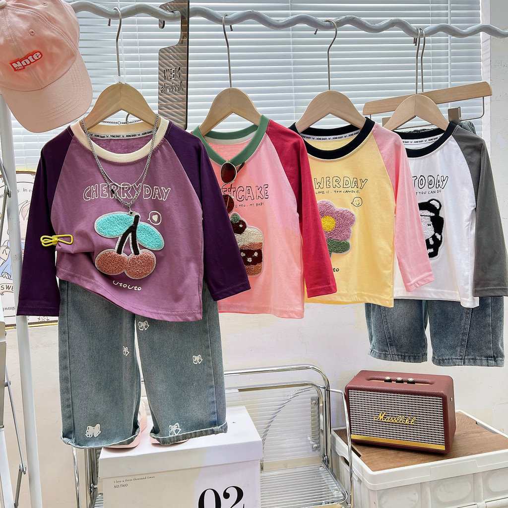 Crianças camiseta de manga comprida 2026 primavera outono novo estilo meninas estilo coreano bonito All-Match toalha bor