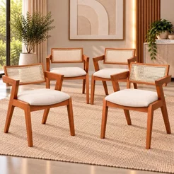Kit 4 Cadeiras Madeira Maciça, Rattan de Fibra Natural e Estofada Verona Espresso Móveis Champagne/Off White