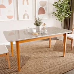 Mesa de Jantar 8 Lugares 210cm com Tampo MDF e Vidro Tangará CabeCasa MadeiraOriginals Marrom Caramelo/Off White