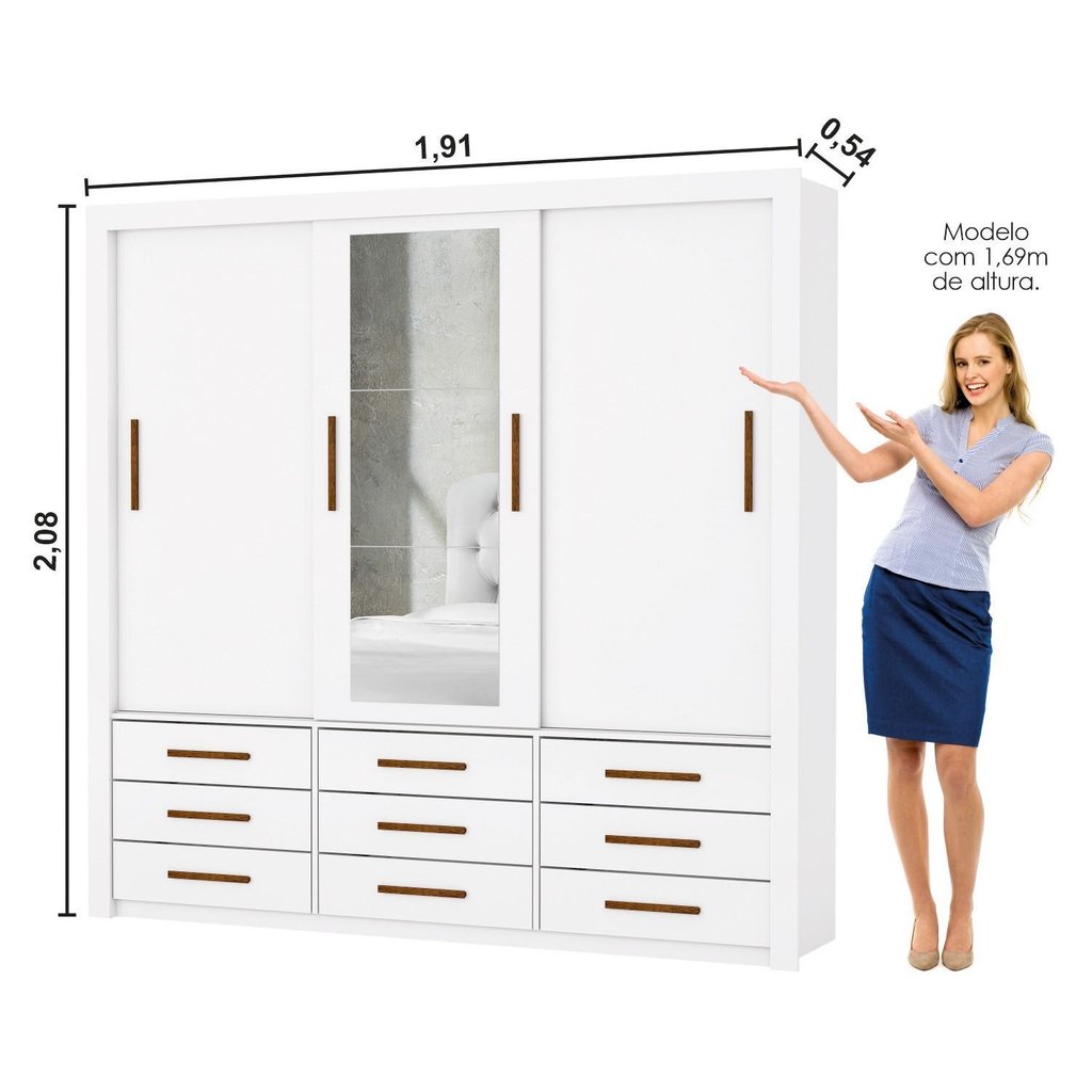 Guarda-Roupa Casal com Espelho 3 Portas de Correr Anjos Branco Branco · foto 2