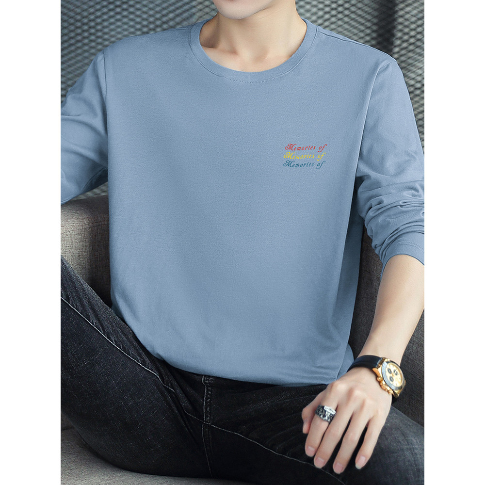 Camiseta de algodão puro masculina de manga comprida 2026 novo estilo carta impressa camiseta de algodão na moda solta c