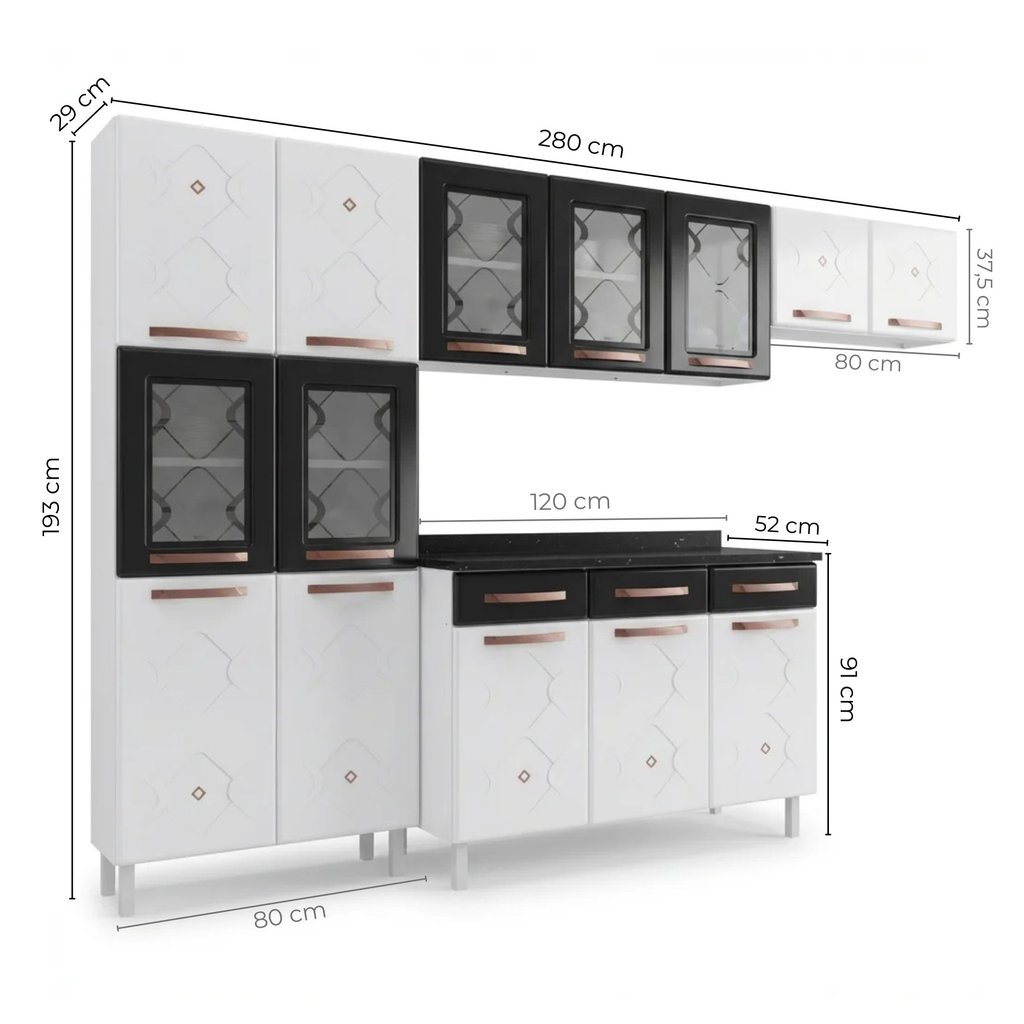 Cozinha Completa Modulada de Aço 4 Peças Decoradas com Paneleiro e Balcão com Tampo New Yescasa Branco/Preto Preto · foto 2