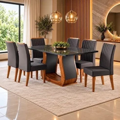 Conjunto Sala de Jantar Mesa 160x80cm Tampo com Vidro 6 Cadeiras Inspirare Yescasa Cinza/Mel Mel/Cinza