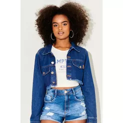 Jaqueta Cropped Feminina Barra Desfiada Planet Girls Jeans Escuro