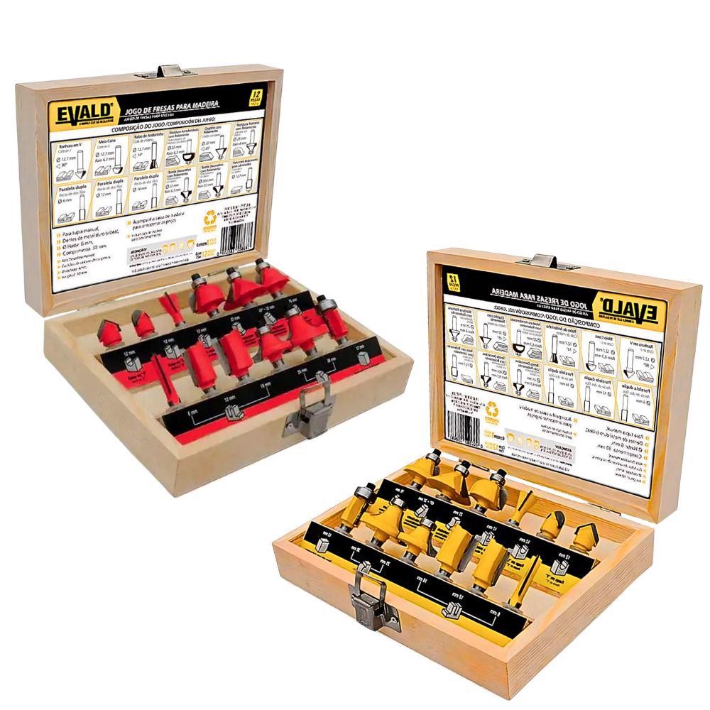 Jogo Fresas Tupia para Madeira Kit 12 Peças Haste 6 MM EVJF-12 EVALD em Oferta na Shopee