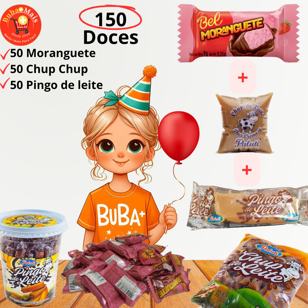 Kit Festa Com 50 Moranguete + 50 Pingo de Leite + 50 Chup Chup (150 doces 2,050kg) em Oferta na Shopee