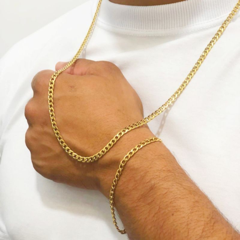 Corrente Masculina Grumet 4mm Corrente + Pulseira Aço Inoxidável Corrente 70cm Pulseira 21cm