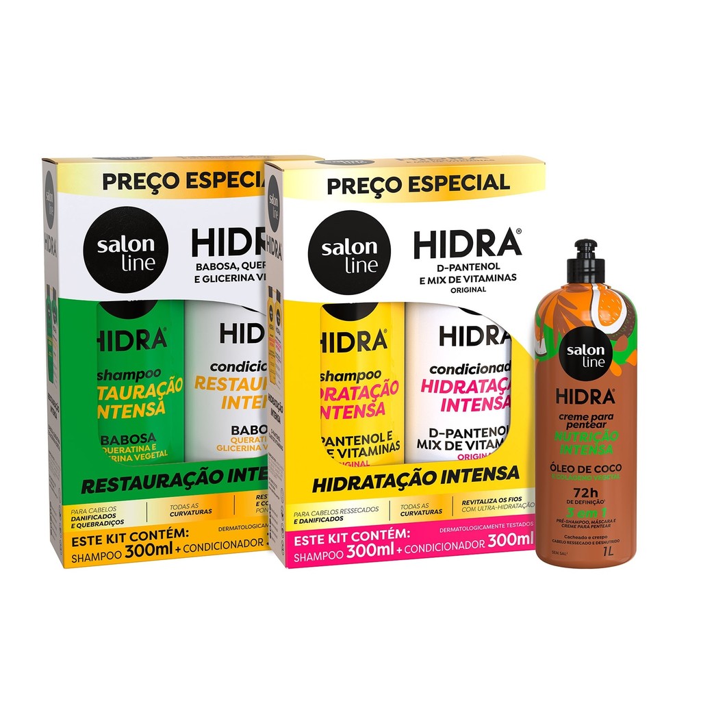 Kit com 2 Shampoos + 2 Condicionadores + Creme Para Pentear Hidra Salon Line