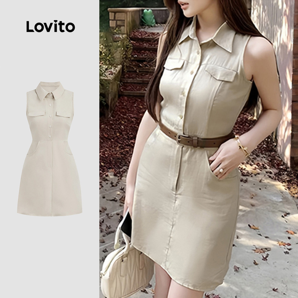 Lovito Vestido Casual de Bolso com Botão para Primavera/verão em Khaki Claro para mulheres L155ED942 em Oferta na Shopee