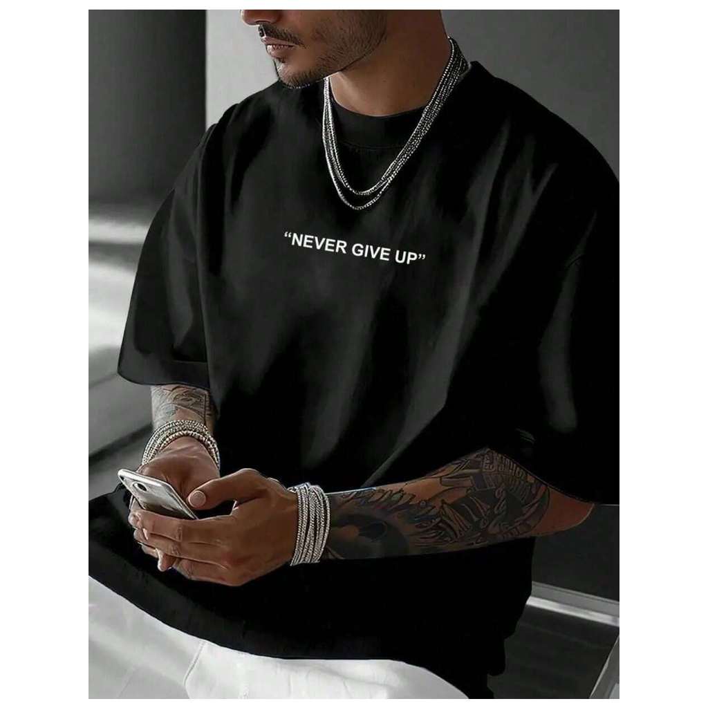 Camiseta Masculina Camisa 100% Algodão Blusa Básica Casual Estampa Never Give Up Gola Redonda Manga Curta Lançamento