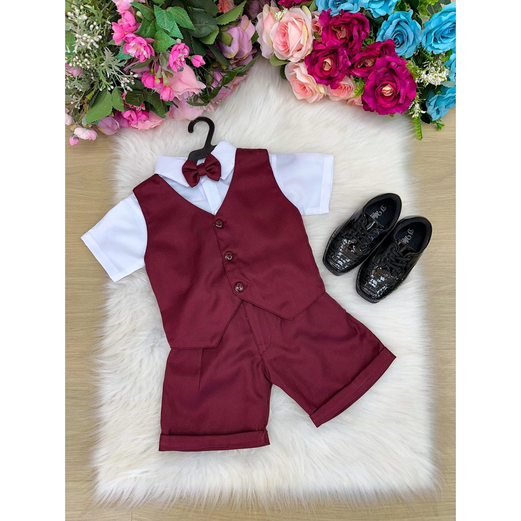 Conjunto Social Leandro Colete Marsala Terno Short Camisa Manga Curta Aniversário Pajem Casamento