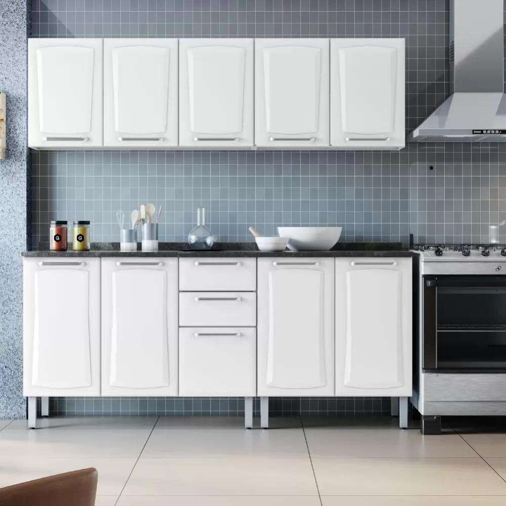 Armário de cozinha completa Itatiaia Tarsila de aço 10 portas com balcão branco