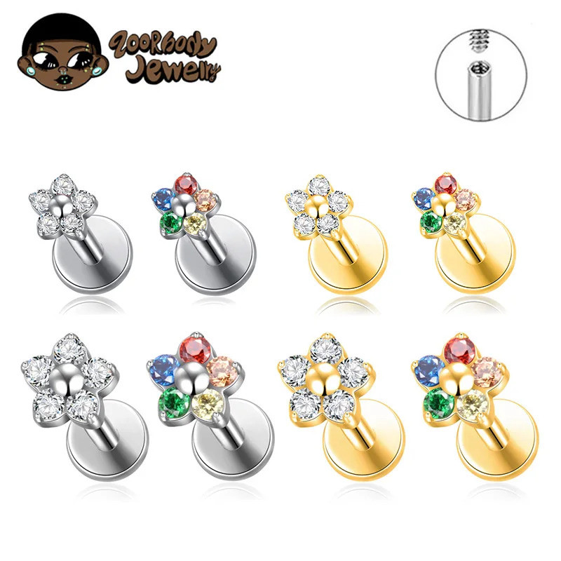 Piercing Labret Titânio Flor Zircônia | Helix, Tragus, Conch, Nariz, Boca-Medusa e Outros