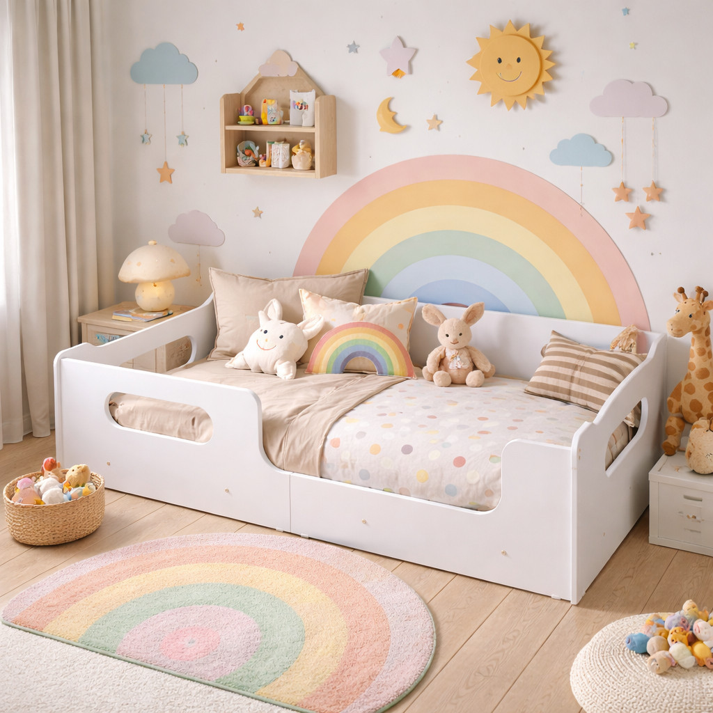 Cama Encanto Sem Colchão Montessoriana Infantil Segura Grade Proteção Incluso Quarto Do Bebê Juvenil Moderna Robusta