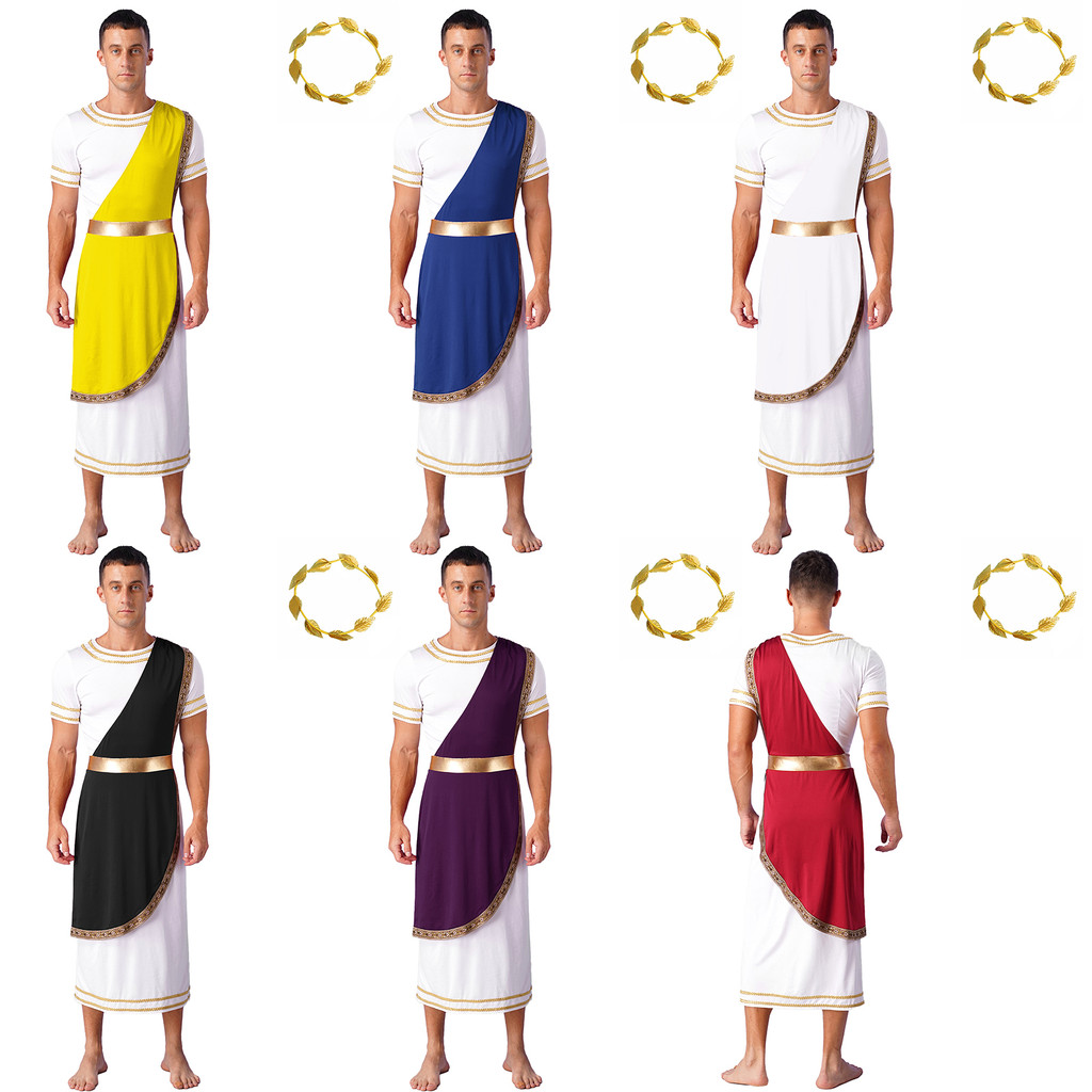 inhzoy Masculino Halloween Antigo Grego Toga Vestir-Se Trajes De Manga Curta Retro Decoração De Ouro Cosplay Robe Romano