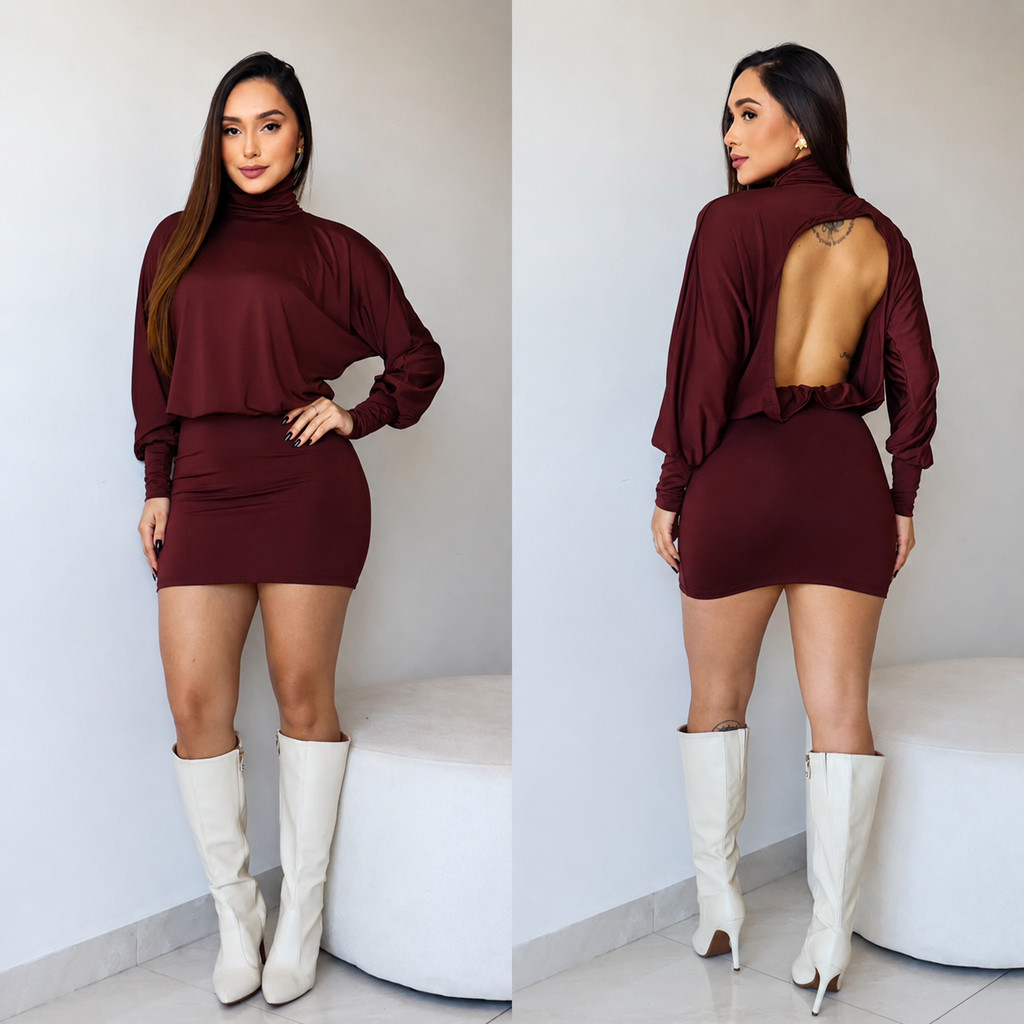 Vestido Manga Longa Feminino Gola Alta Premium Moda Inverno Mais Vendido