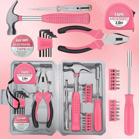 🌸Ferramentas Colorida Rosa para Mulher, Kit com 13/24Unidades para Reparos Domésticos e DIY